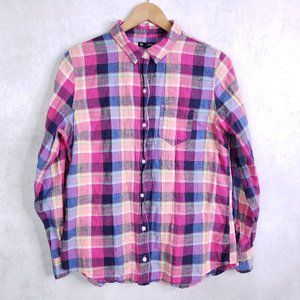 Gap Women's M Linen Blend Plaid Boyfriend Fit Long Sleeve Button Up Shirt Pink